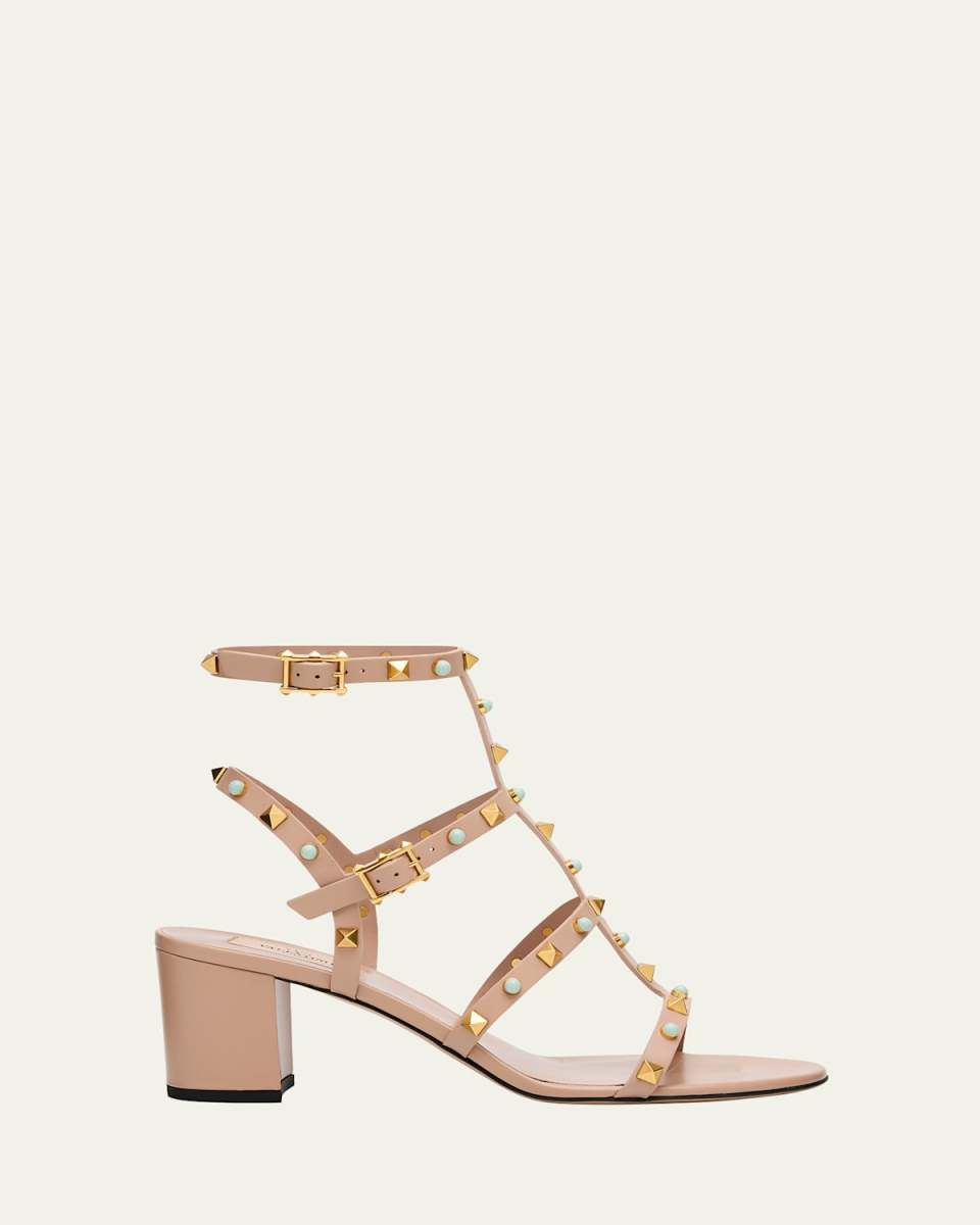 Rockstud Caged Ankle-Strap Leather Sandals
